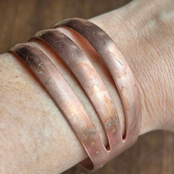 Vintage Wide Three Band Solid Copper Cuff Bracelet - Picture 2 of 9